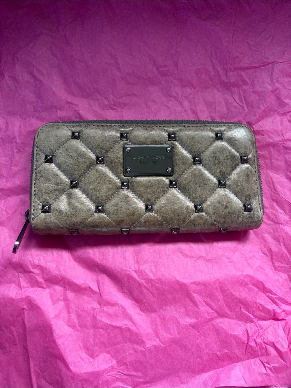 Michael Kors Quilted Studded Zip Wallet in Metallic Taupe